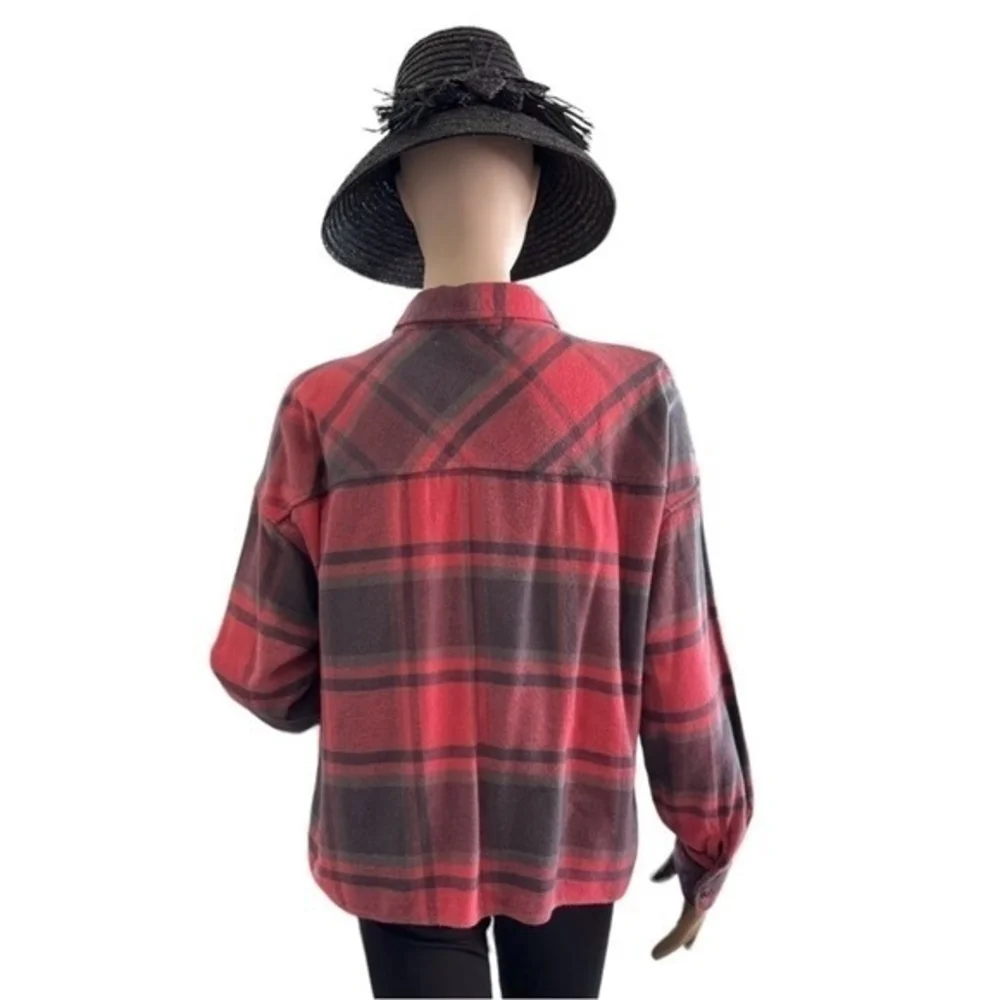 Pink Rose Women's Plaid Boyfriend Shirt L Red Grey Black Buffalo Check Cotton VG - Picture 7 of 10